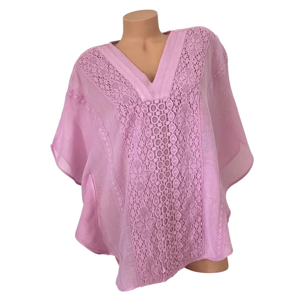 Chico's Pink Linen Cotton Lace Poncho V-Neck Blouse Top S/M Orchid Short Sleeve